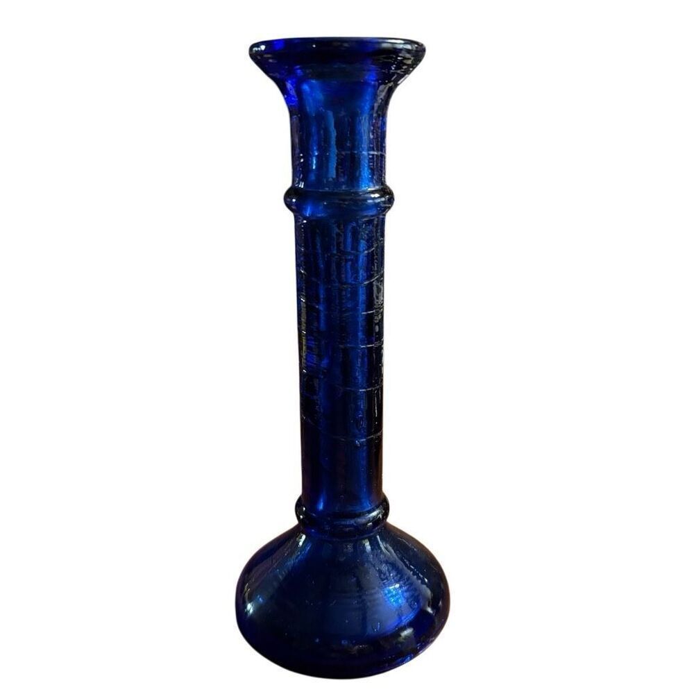 Cobalt Blue Vintage 8” Candlestick Holder With Swirl Stem